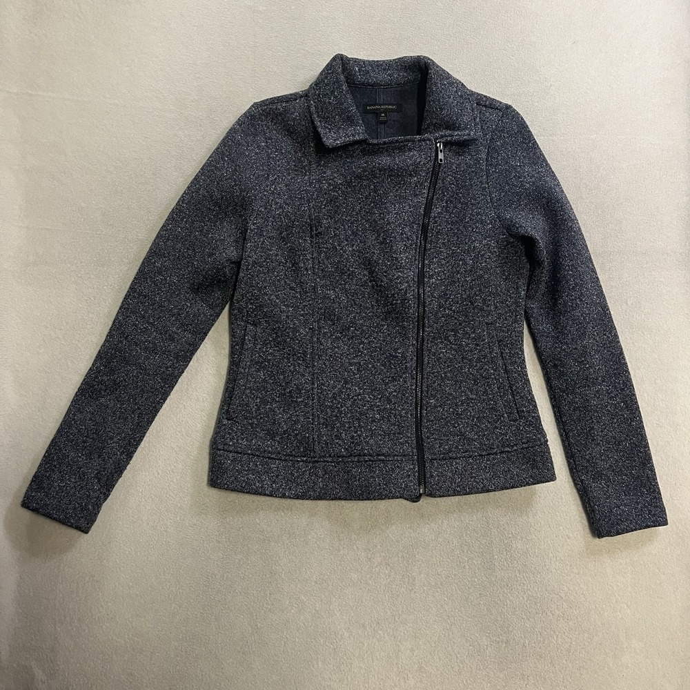 Banana Republic Sweater Moto Jacket Asymmetrical Zip Up Women's M Blue Heather